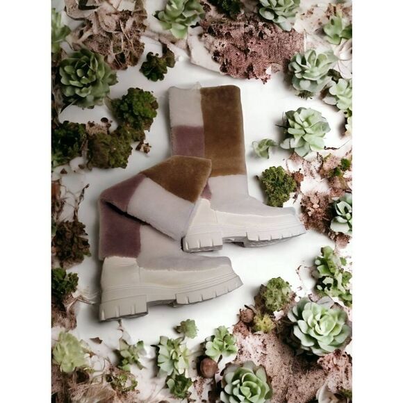 Free People Happy Thoughts Shearling Fur Boot Colorblock White Tan Rose 7 1/2 - Picture 1 of 5